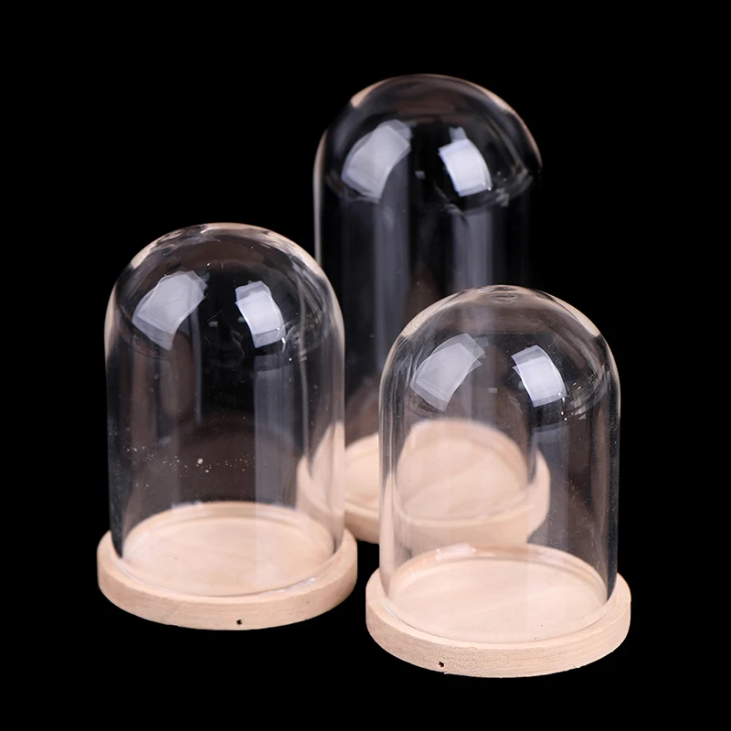 1:12 Dollhouse Miniature Decor Flower Display Glass Display Bell Jar with Wooden Base Home Decor Flower Glass Cover