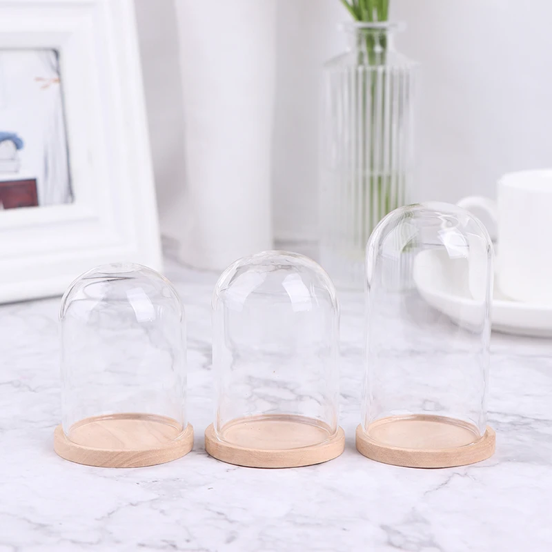 1:12 Dollhouse Miniature Decor Flower Display Glass Display Bell Jar with Wooden Base Home Decor Flower Glass Cover