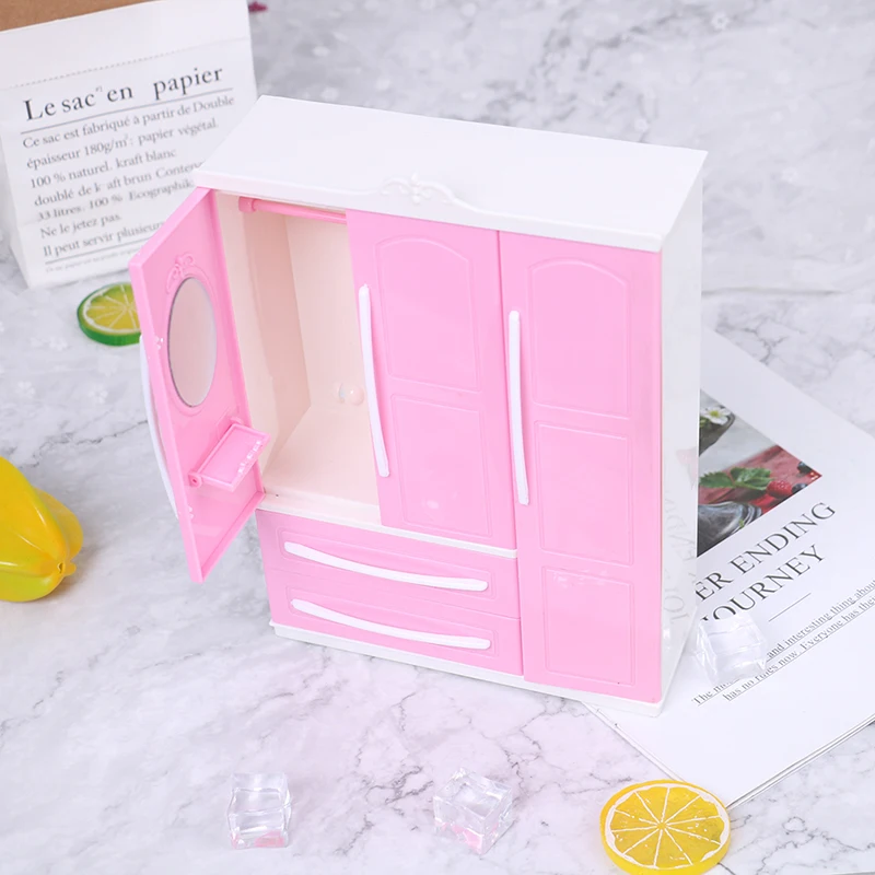 Three-door Pink Modern Wardrobe for Dolls Furniture Clothes Accessories Toys