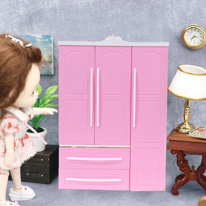 Three-door Pink Modern Wardrobe for Dolls Furniture Clothes Accessories Toys