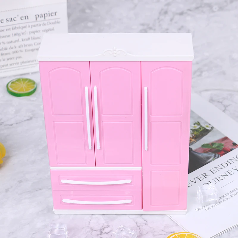 Three-door Pink Modern Wardrobe for Dolls Furniture Clothes Accessories Toys