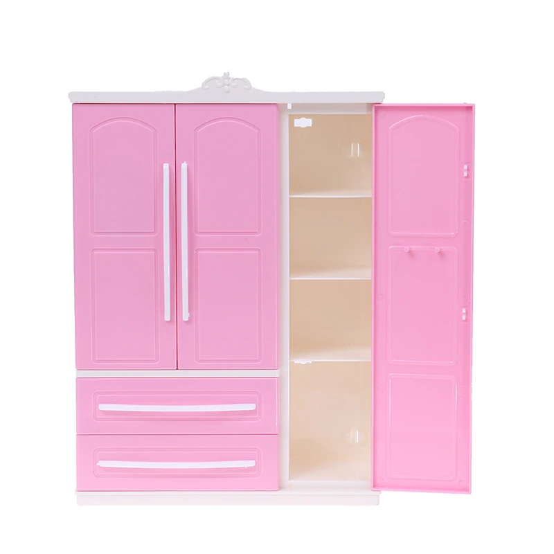 Three-door Pink Modern Wardrobe for Dolls Furniture Clothes Accessories Toys