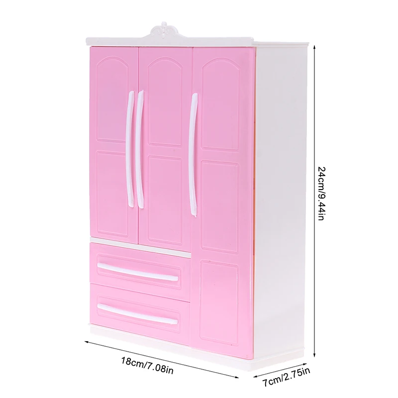 Three-door Pink Modern Wardrobe for Dolls Furniture Clothes Accessories Toys