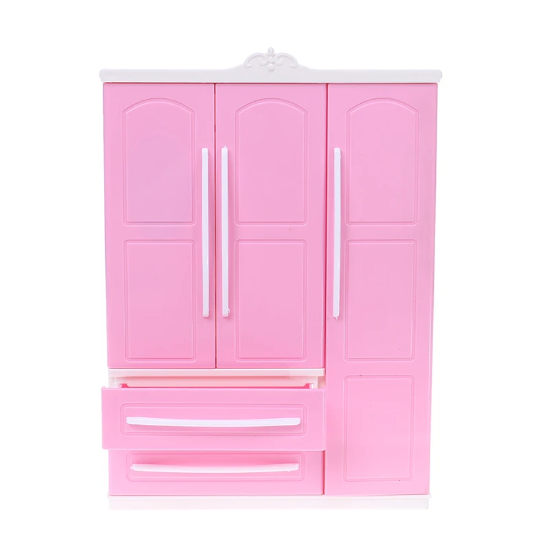 Three-door Pink Modern Wardrobe for Dolls Furniture Clothes Accessories Toys