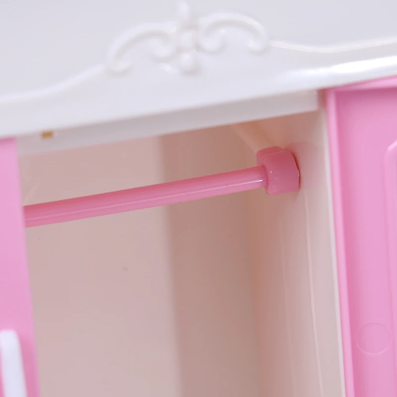 Three-door Pink Modern Wardrobe for Dolls Furniture Clothes Accessories Toys