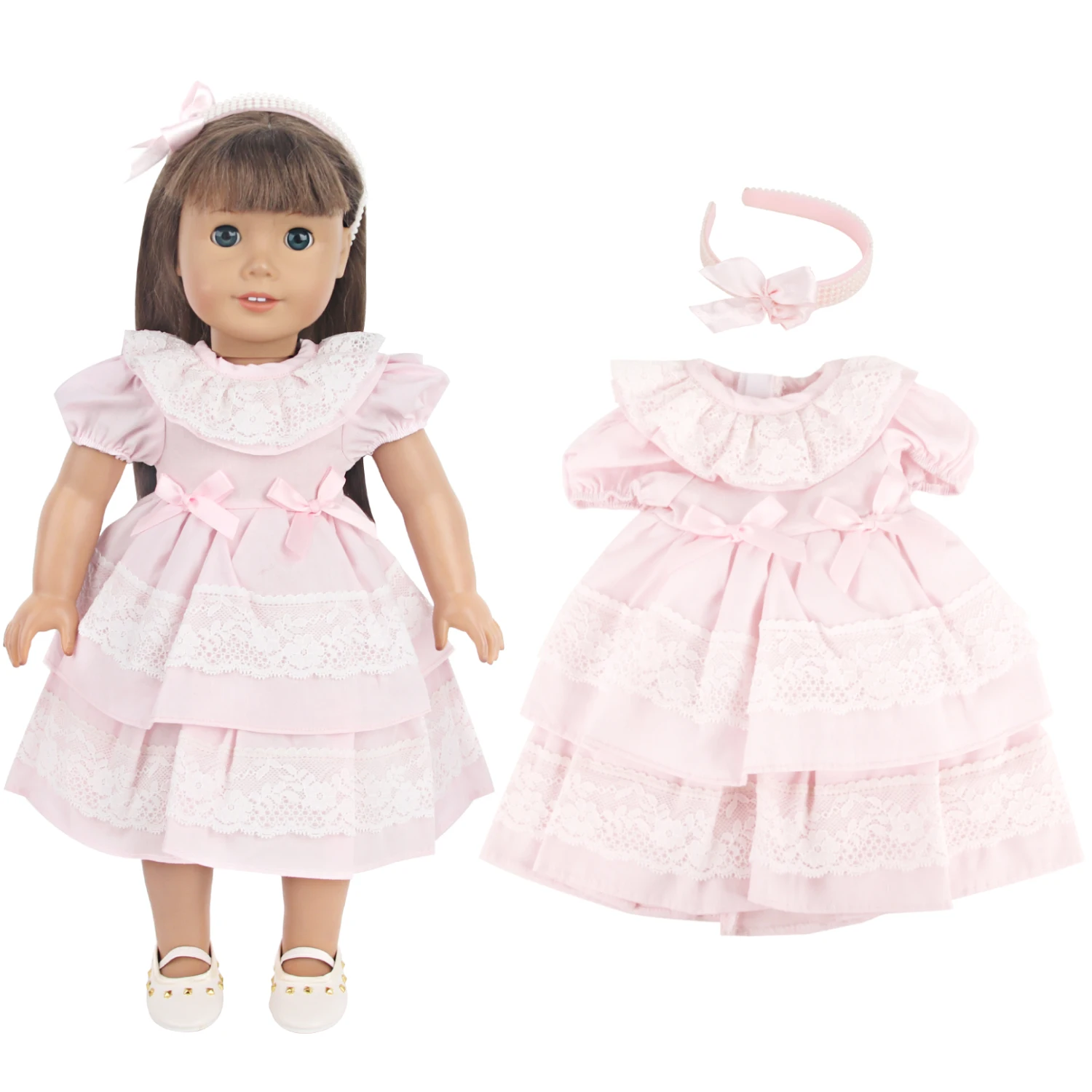 Pink Color Princess Doll Dress for American 18 Inch Girl Dolls, Lace Skirt and Hairband, Cute, 43cm Baby, Newborn, OG Girls Doll