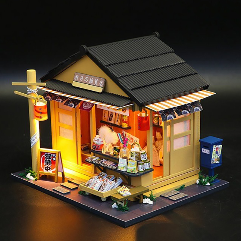 3D Wooden Dollhouse Japanese Style Grocery Store Miniaturas with Furnitures DIY Doll House Kit Toy for Children Brithday Gift