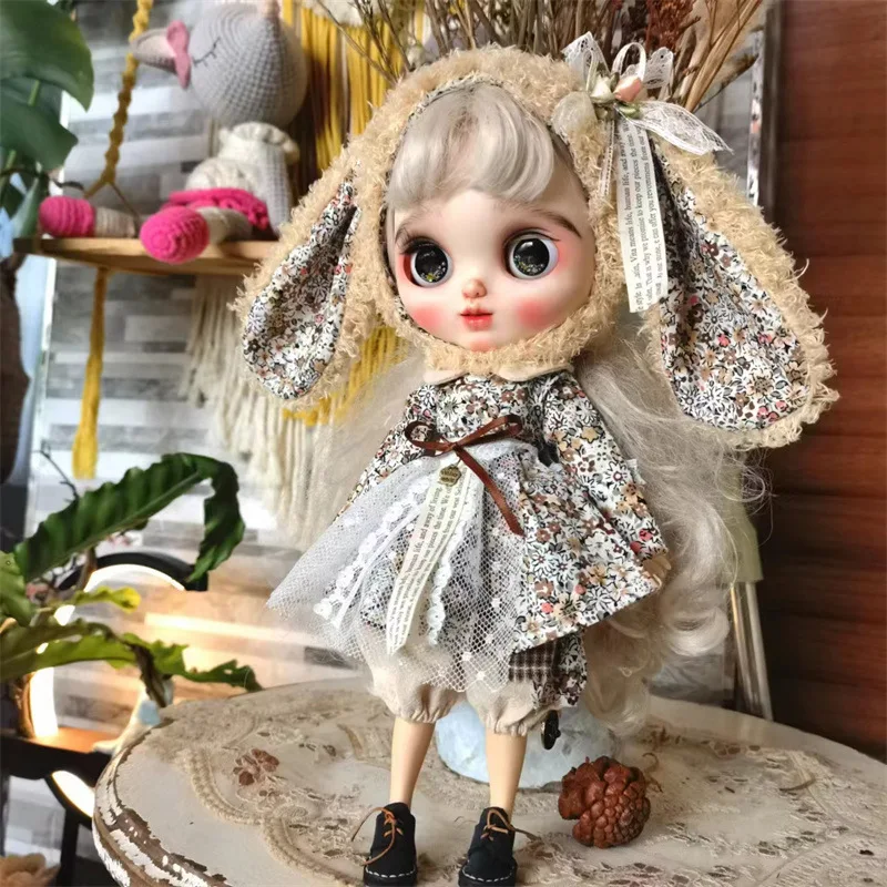 Handmade Doll Skirt Dress With Big Ear Rabbit Hat Doll Floral Patterned Dress For Blythes Ymy Licca Azones Ob24 Ob27 Fr Doll