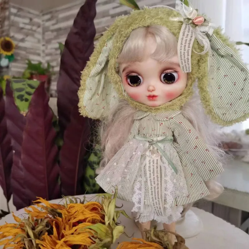 Handmade Doll Skirt Dress With Big Ear Rabbit Hat Doll Floral Patterned Dress For Blythes Ymy Licca Azones Ob24 Ob27 Fr Doll