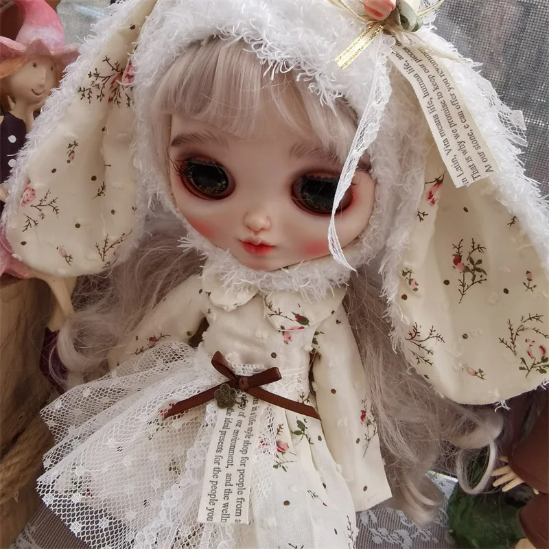 Handmade Doll Skirt Dress With Big Ear Rabbit Hat Doll Floral Patterned Dress For Blythes Ymy Licca Azones Ob24 Ob27 Fr Doll