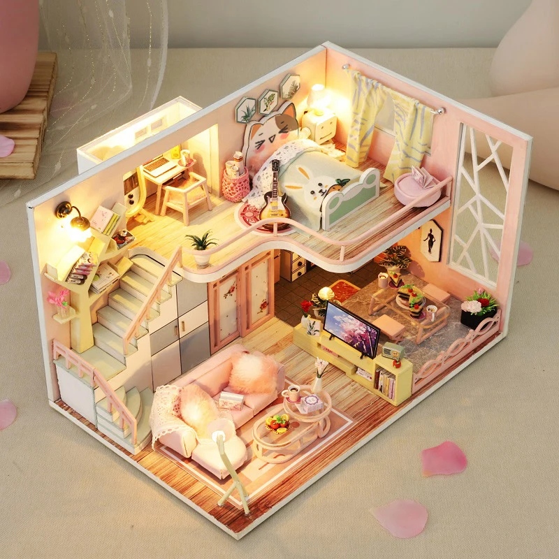 DIY Wooden Doll House Handmade Duplex Apartment Production 3D Puzzle Assembly Building Duplex Apartment Model Toy Birthday Gifts