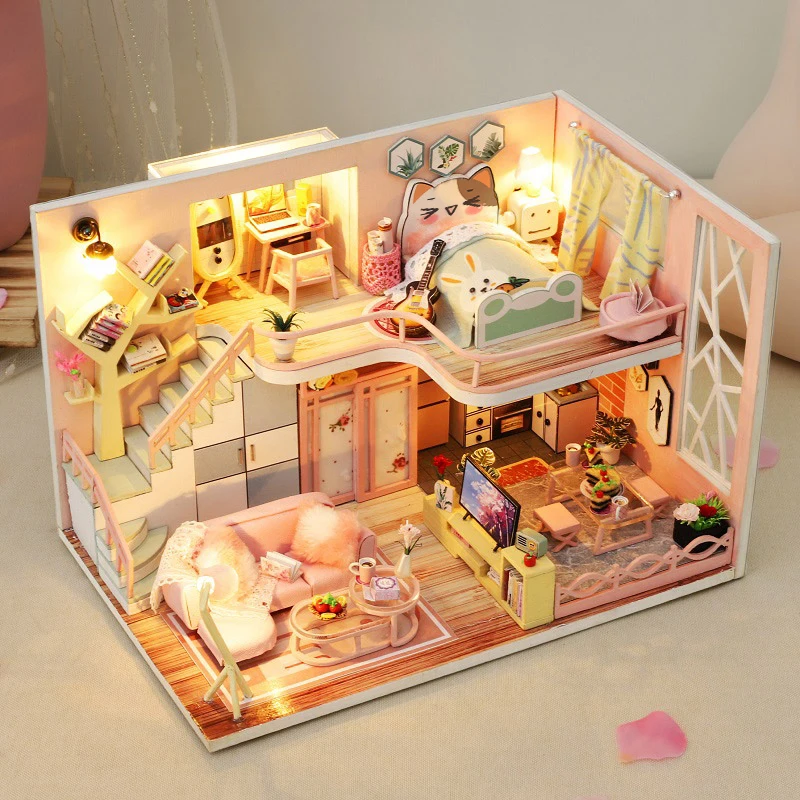 DIY Wooden Doll House Handmade Duplex Apartment Production 3D Puzzle Assembly Building Duplex Apartment Model Toy Birthday Gifts