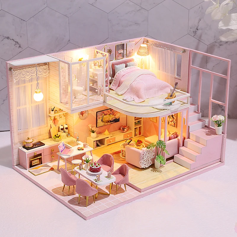 DIY Wooden Doll House Handmade Duplex Apartment Production 3D Puzzle Assembly Building Duplex Apartment Model Toy Birthday Gifts