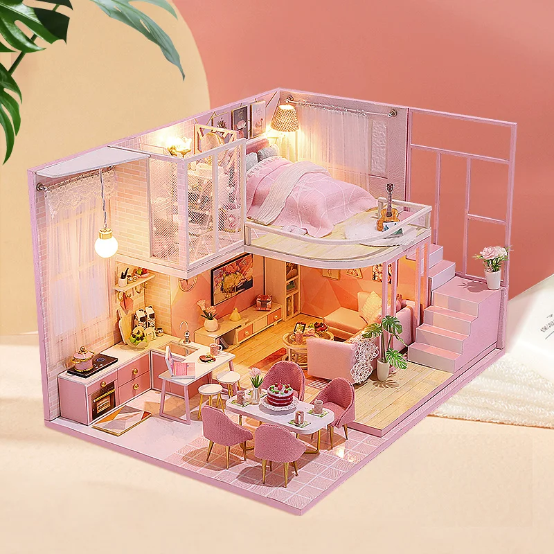 DIY Wooden Doll House Handmade Duplex Apartment Production 3D Puzzle Assembly Building Duplex Apartment Model Toy Birthday Gifts