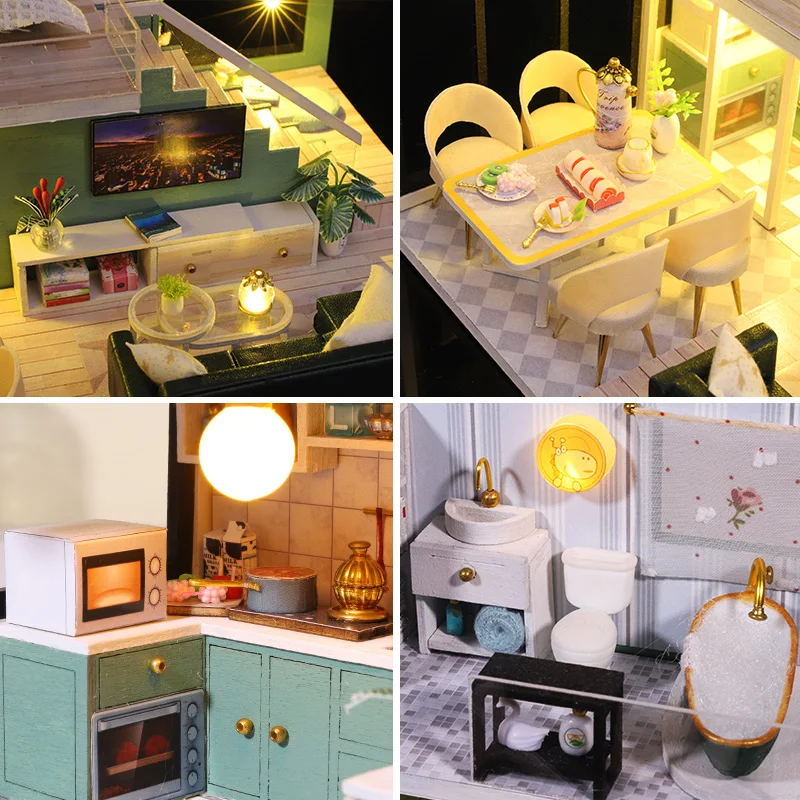 DIY Wooden Doll House Handmade Duplex Apartment Production 3D Puzzle Assembly Building Duplex Apartment Model Toy Birthday Gifts