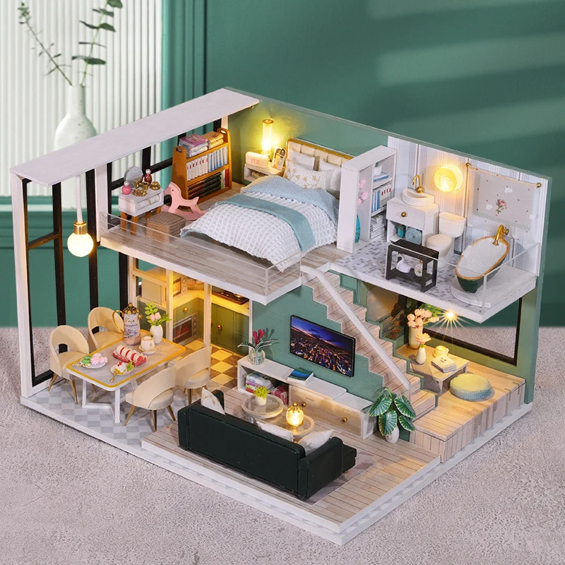 DIY Wooden Doll House Handmade Duplex Apartment Production 3D Puzzle Assembly Building Duplex Apartment Model Toy Birthday Gifts