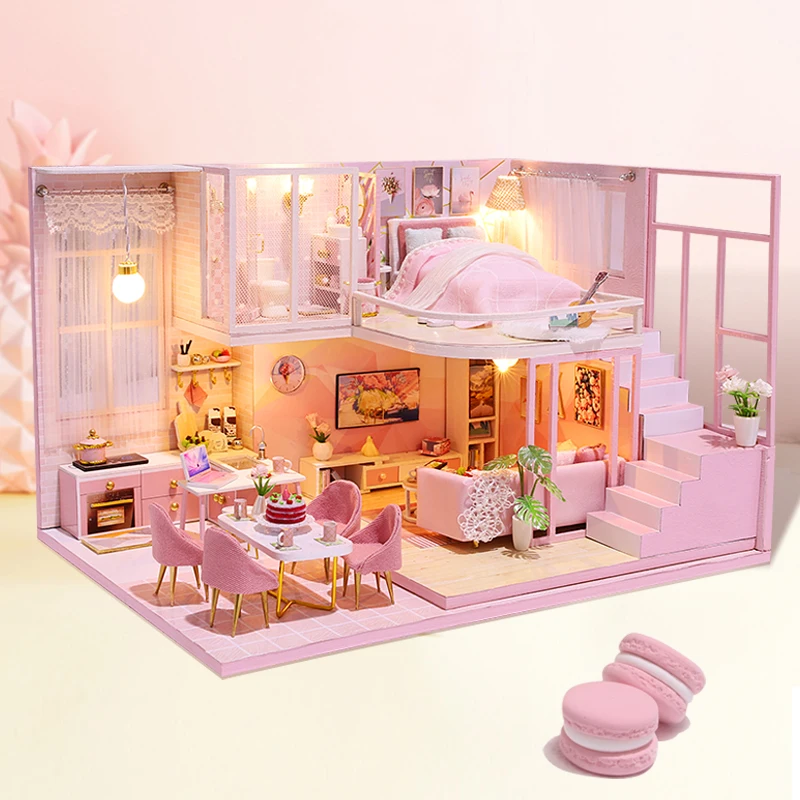 DIY Wooden Doll House Handmade Duplex Apartment Production 3D Puzzle Assembly Building Duplex Apartment Model Toy Birthday Gifts