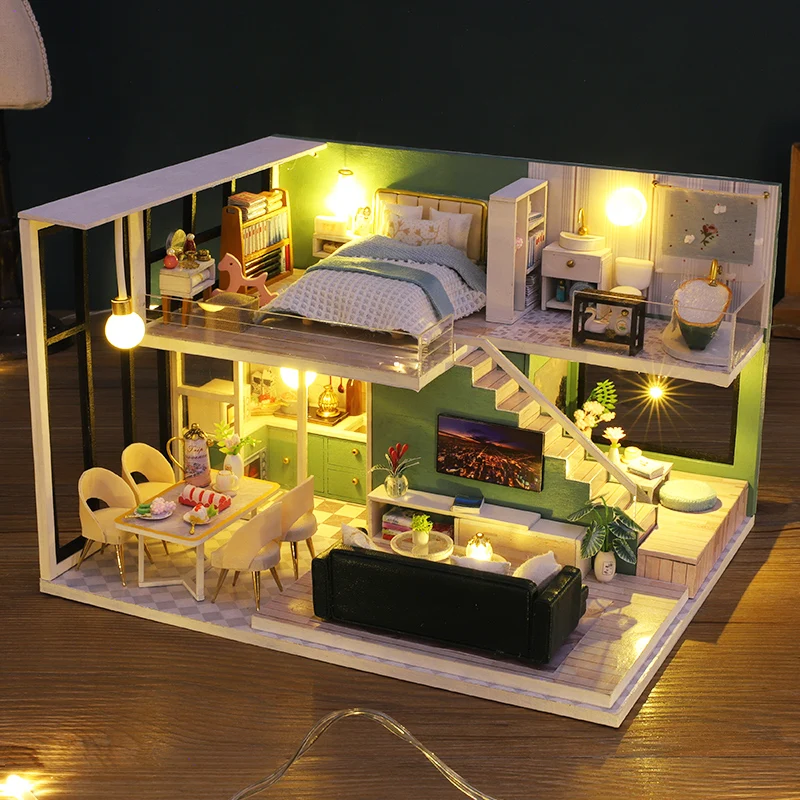 DIY Wooden Doll House Handmade Duplex Apartment Production 3D Puzzle Assembly Building Duplex Apartment Model Toy Birthday Gifts