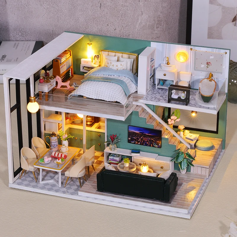 DIY Wooden Doll House Handmade Duplex Apartment Production 3D Puzzle Assembly Building Duplex Apartment Model Toy Birthday Gifts