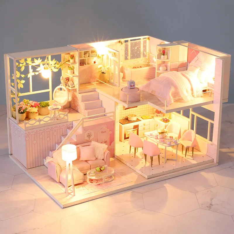 DIY Wooden Doll House Handmade Duplex Apartment Production 3D Puzzle Assembly Building Duplex Apartment Model Toy Birthday Gifts
