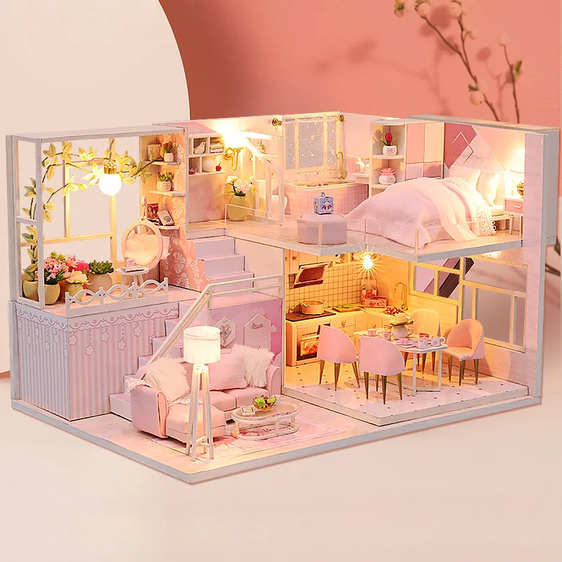 DIY Wooden Doll House Handmade Duplex Apartment Production 3D Puzzle Assembly Building Duplex Apartment Model Toy Birthday Gifts