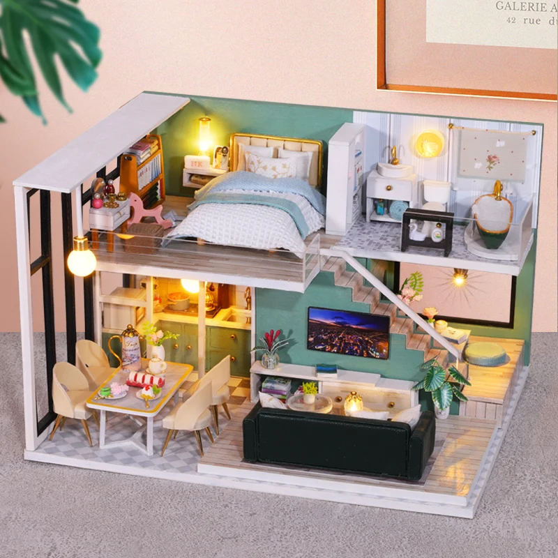 DIY Wooden Doll House Handmade Duplex Apartment Production 3D Puzzle Assembly Building Duplex Apartment Model Toy Birthday Gifts
