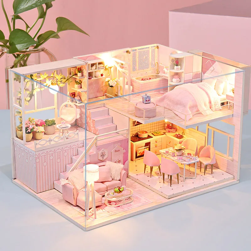 DIY Wooden Doll House Handmade Duplex Apartment Production 3D Puzzle Assembly Building Duplex Apartment Model Toy Birthday Gifts