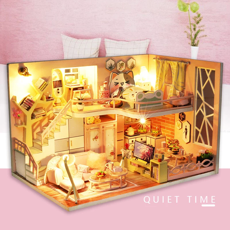 DIY Wooden Doll House Handmade Duplex Apartment Production 3D Puzzle Assembly Building Duplex Apartment Model Toy Birthday Gifts