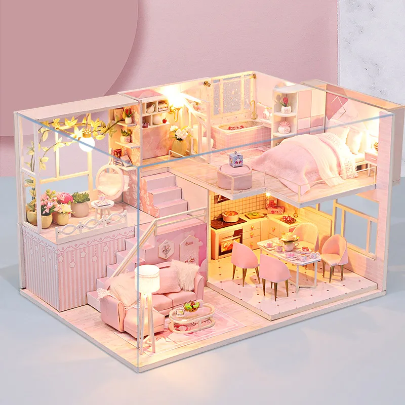 DIY Wooden Doll House Handmade Duplex Apartment Production 3D Puzzle Assembly Building Duplex Apartment Model Toy Birthday Gifts
