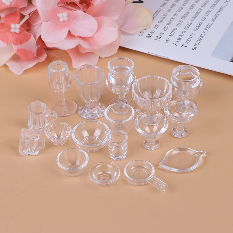 17Pcs/Set 1:12 Dollhouse Miniature Transparent Tableware Set Model Kitchen Accessories For Doll House Decor Pretend Play Toys