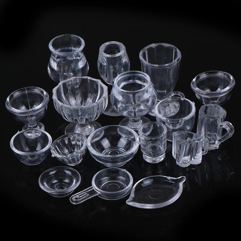 17Pcs/Set 1:12 Dollhouse Miniature Transparent Tableware Set Model Kitchen Accessories For Doll House Decor Pretend Play Toys