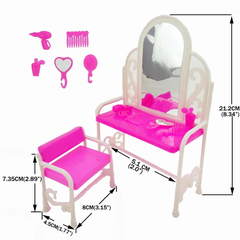 2 Set/ Pack Fashion Pink 1:6 Doll Furniture Lace Bed Sheet Make up Table Chair Bedroom Accessories for 11.5'' Doll Kids Toy Gift