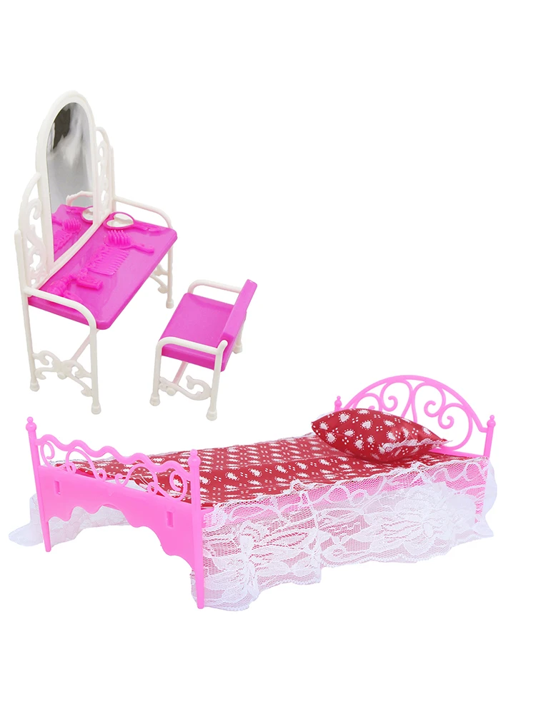 2 Set/ Pack Fashion Pink 1:6 Doll Furniture Lace Bed Sheet Make up Table Chair Bedroom Accessories for 11.5'' Doll Kids Toy Gift