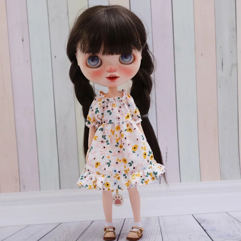 Blyth Dress Vintage Long Dress Strap Casual Denim Skirt Fragmented Flower Skirt for Ymy Licca Azones Ob24 Ob27 Doll Accessories