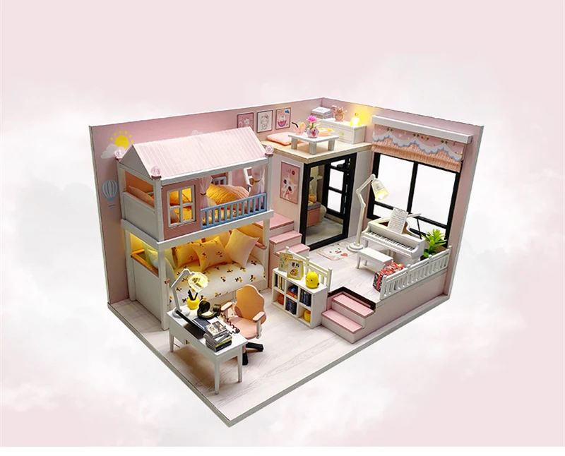 DIY Wooden Casa Doll Houses Miniature Building Kits with Furniture Light Modern Loft Dollhouse Toys for Adults Birthday Gifts