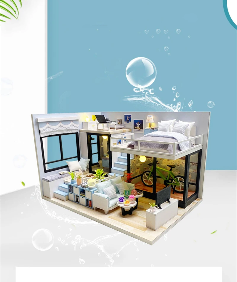 DIY Wooden Casa Doll Houses Miniature Building Kits with Furniture Light Modern Loft Dollhouse Toys for Adults Birthday Gifts