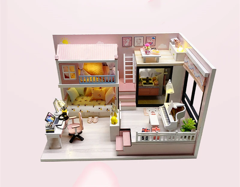 DIY Wooden Casa Doll Houses Miniature Building Kits with Furniture Light Modern Loft Dollhouse Toys for Adults Birthday Gifts