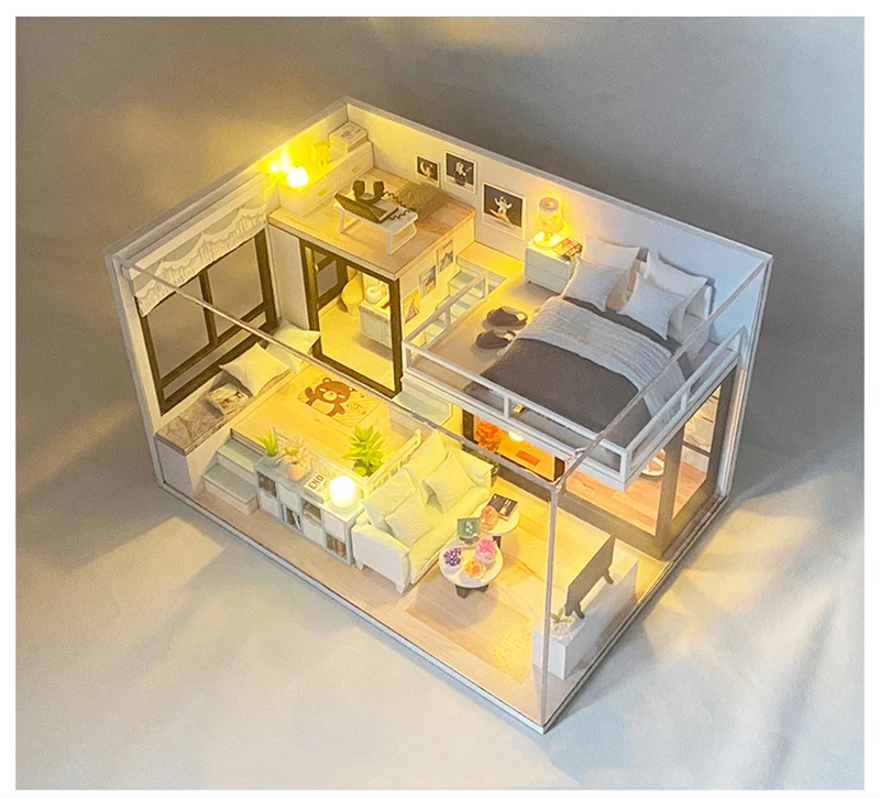 DIY Wooden Casa Doll Houses Miniature Building Kits with Furniture Light Modern Loft Dollhouse Toys for Adults Birthday Gifts