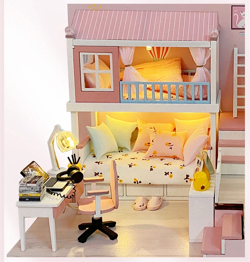 DIY Wooden Casa Doll Houses Miniature Building Kits with Furniture Light Modern Loft Dollhouse Toys for Adults Birthday Gifts