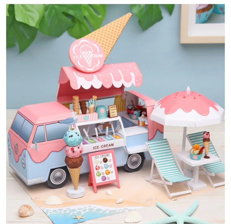 DIY Dollhouse Casa Miniature Furniture Kit Ice Cream Car Shop Paper Model Doll Houses Assemble Toy for Children Christmas Gifts