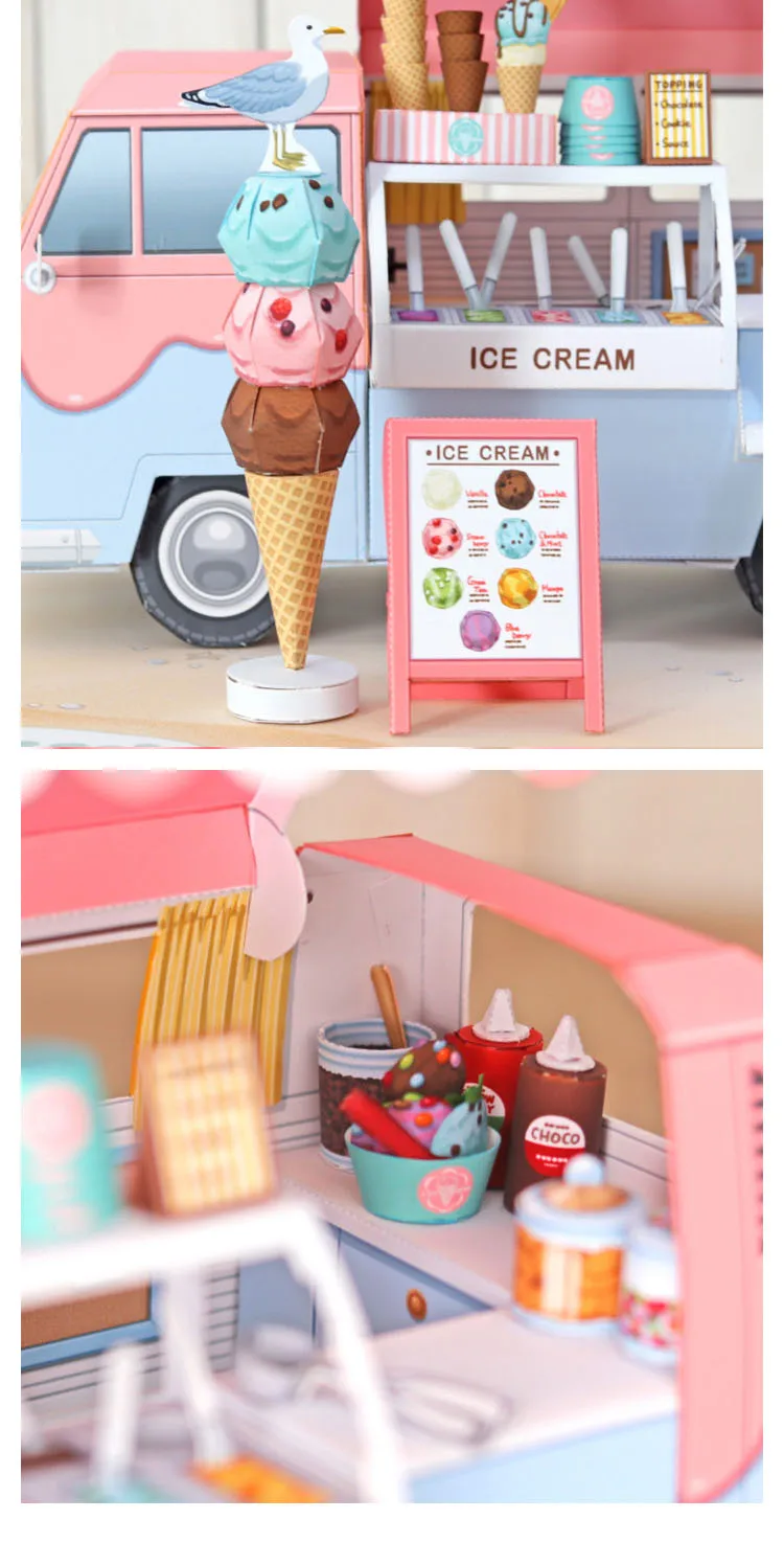 DIY Dollhouse Casa Miniature Furniture Kit Ice Cream Car Shop Paper Model Doll Houses Assemble Toy for Children Christmas Gifts