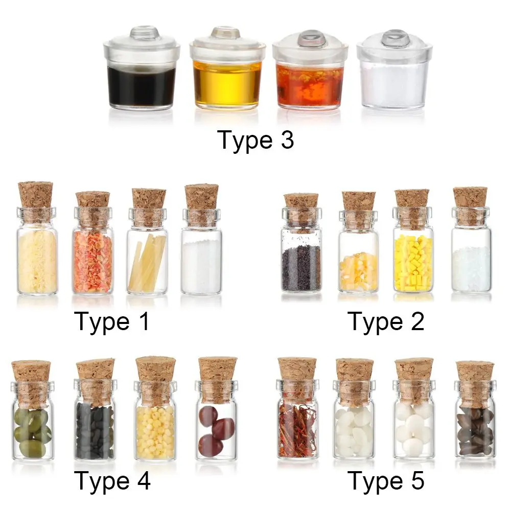 4PCS Mini Seasoning Jar Dollhouse Kitchen Toy Miniature Spice Bottle Simulation Glass Vial Scene Dolls Playing House Model