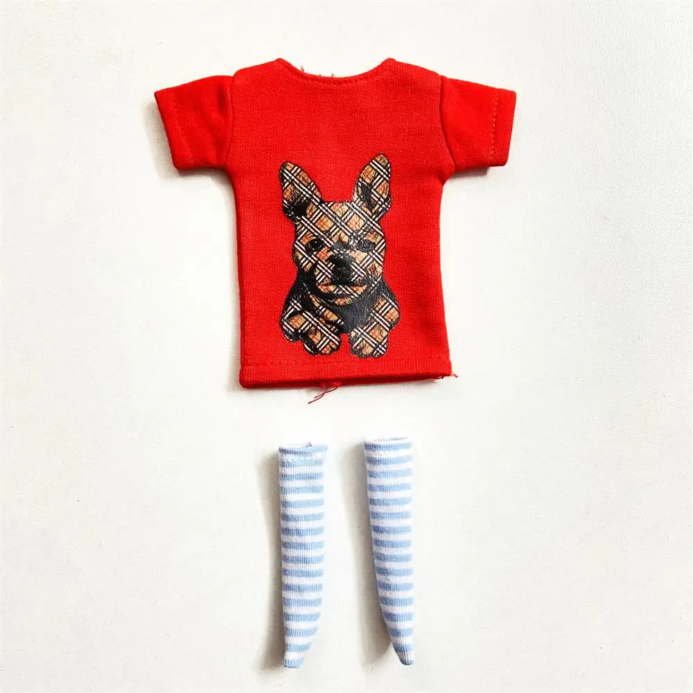 2 pcs/set of Blyth doll costume, cartoon animal print short T-shirt + striped socks, can be used for 1/6 doll