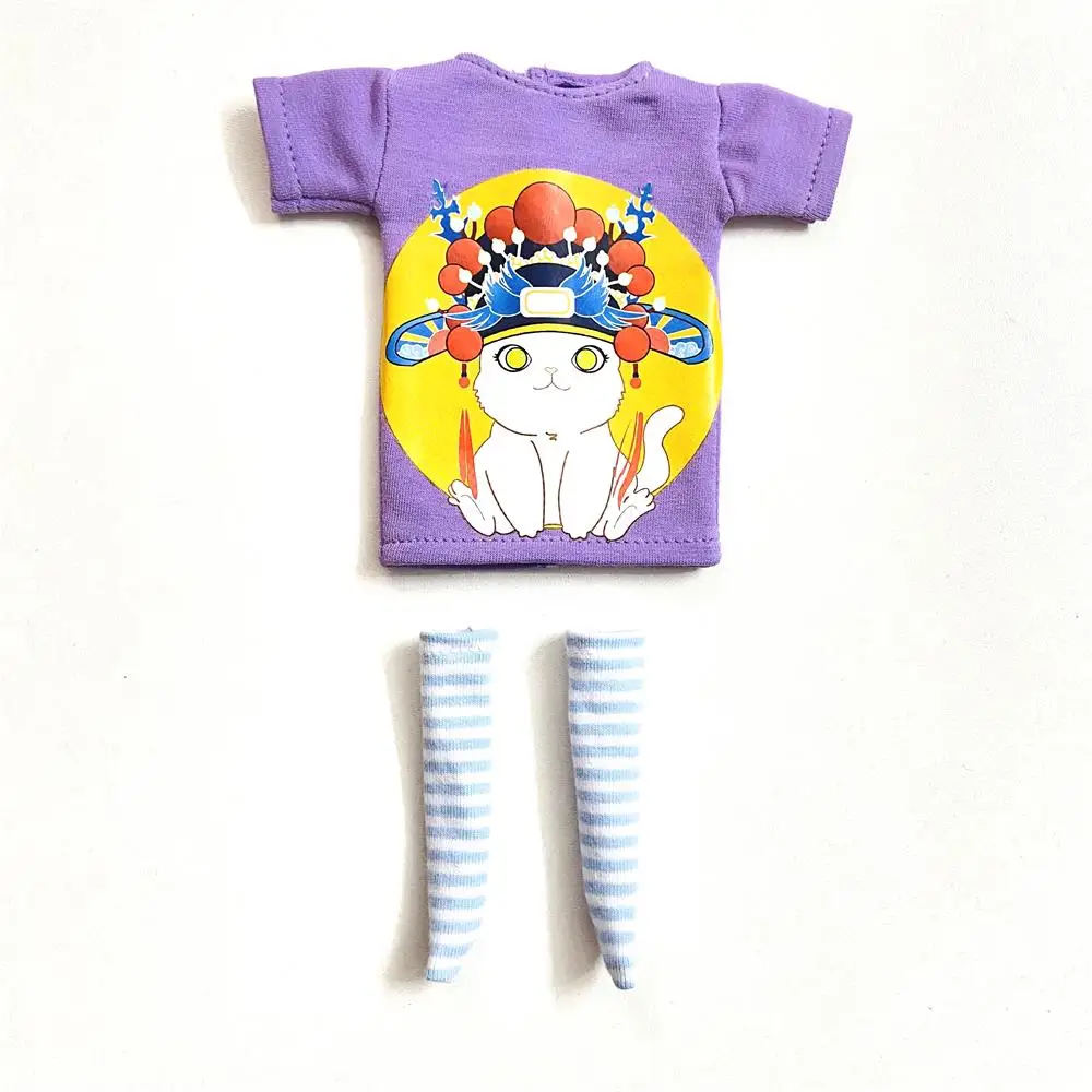 2 pcs/set of Blyth doll costume, cartoon animal print short T-shirt + striped socks, can be used for 1/6 doll