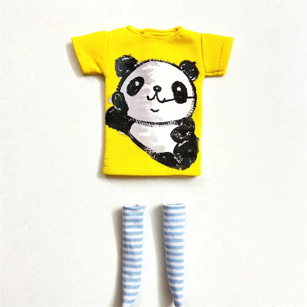 2 pcs/set of Blyth doll costume, cartoon animal print short T-shirt + striped socks, can be used for 1/6 doll