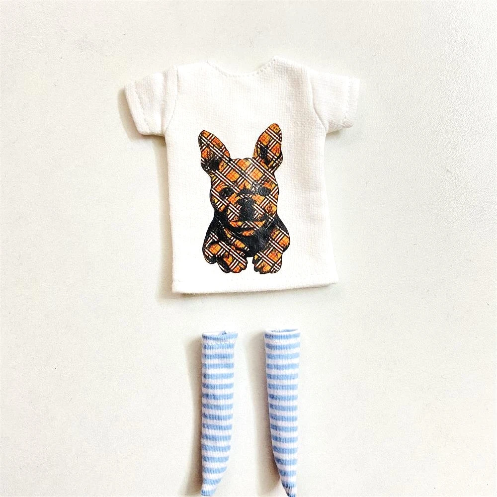 2 pcs/set of Blyth doll costume, cartoon animal print short T-shirt + striped socks, can be used for 1/6 doll