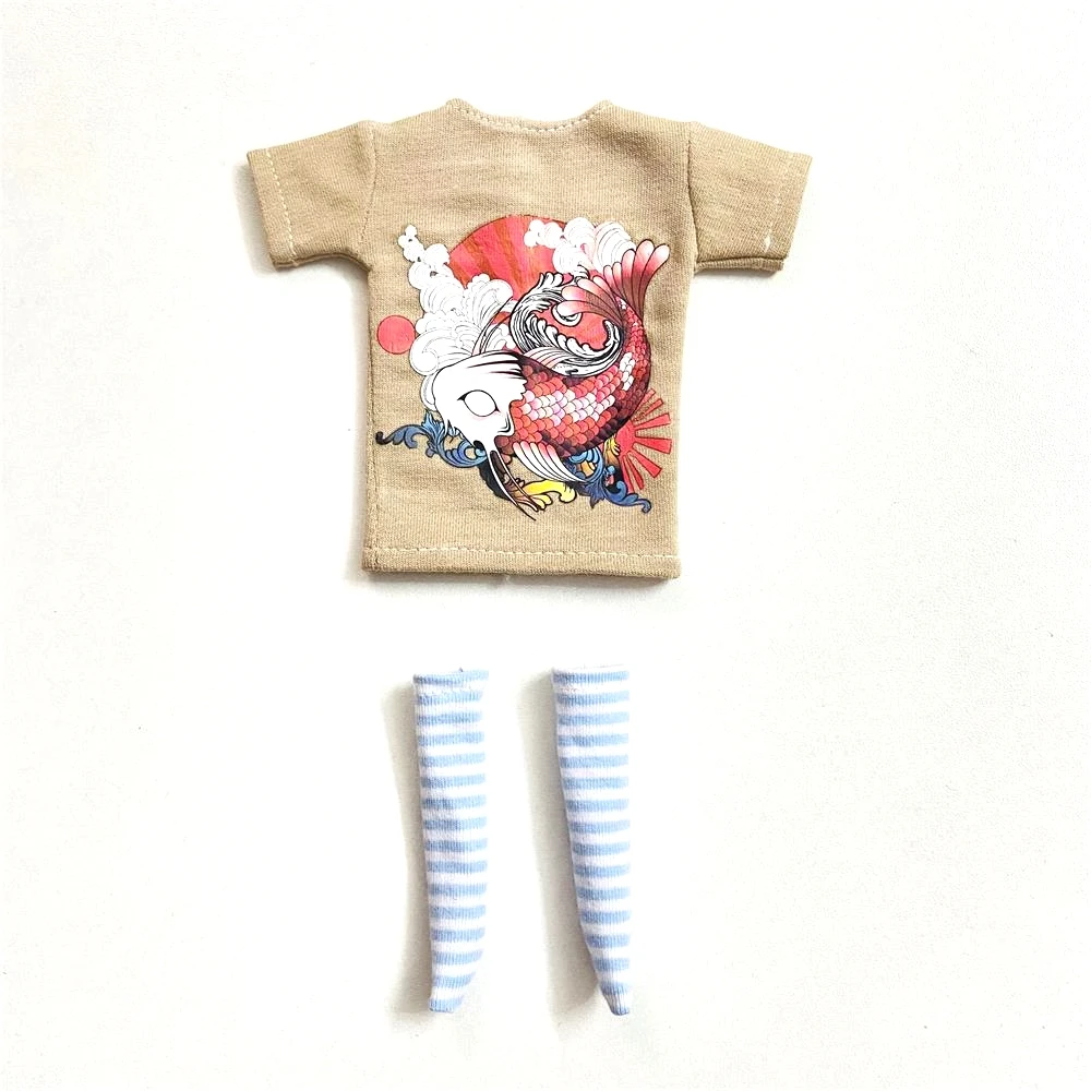 2 pcs/set of Blyth doll costume, cartoon animal print short T-shirt + striped socks, can be used for 1/6 doll