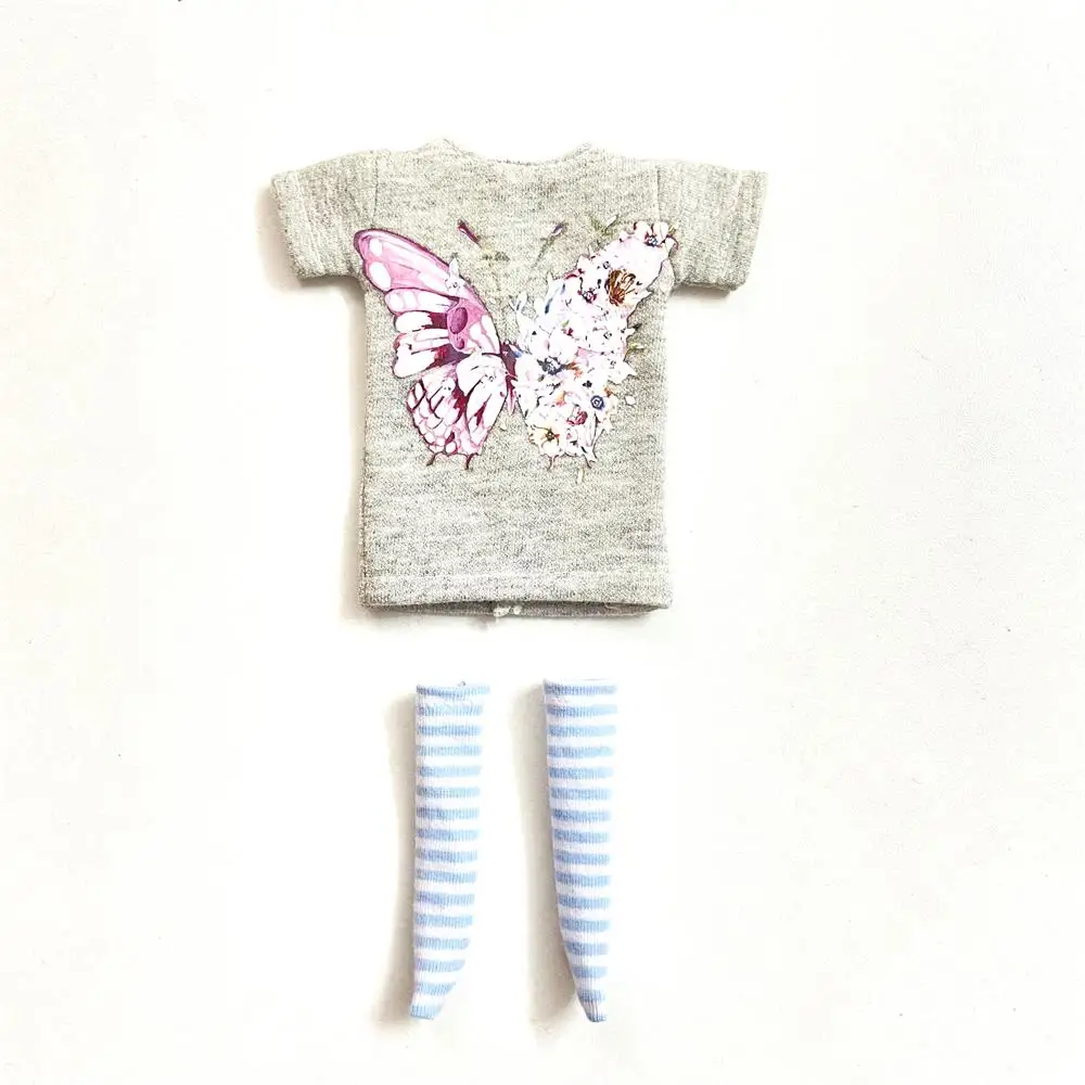 2 pcs/set of Blyth doll costume, cartoon animal print short T-shirt + striped socks, can be used for 1/6 doll