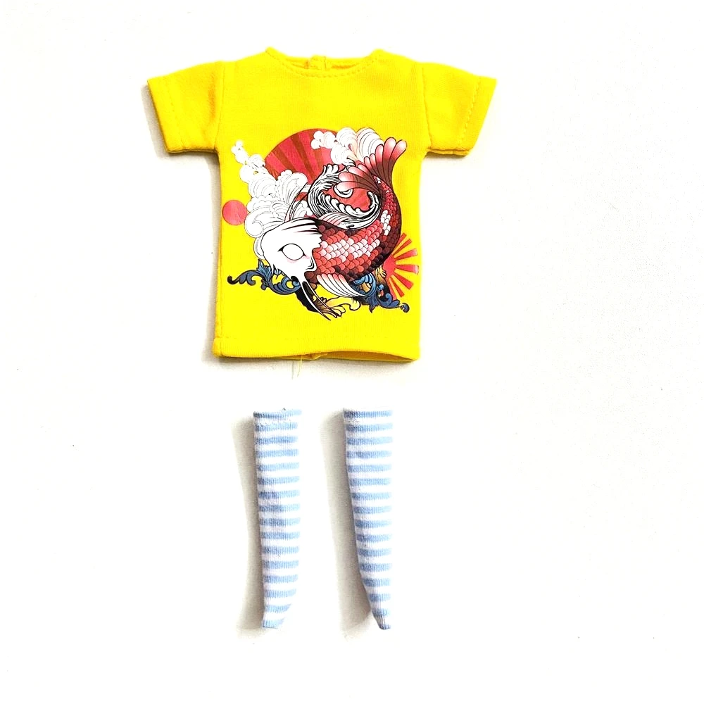 2 pcs/set of Blyth doll costume, cartoon animal print short T-shirt + striped socks, can be used for 1/6 doll