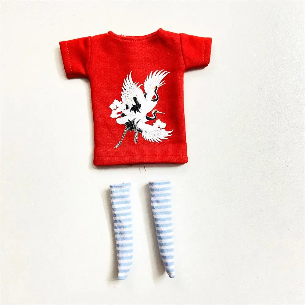 2 pcs/set of Blyth doll costume, cartoon animal print short T-shirt + striped socks, can be used for 1/6 doll